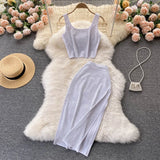 Summer Black/White Diamonds Dot Two Piece Set Women Sexy Square Collar Sleeveless Short Camis + Midi Bodycon Skirt Suit New
