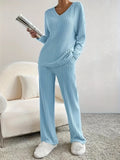 Sets Of Women 2025 Autumn New Fashion Casual Straight Pants Temperament Loose V Collar Pit Knitting
