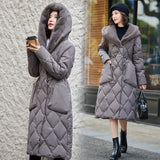 2024 New Diamond Lattice Loose Waist Down Cotton-Padded Coat Female Long Money Over The Knee Thick Cotton-Padded Jacket Winter Cotton-Padded Coat-Outfit