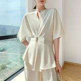 Summer Elegant Two Piece Set Women Designer France Vintage Suits Set Retro Chic Tops Casual Wide Leg Pants Korean