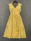 TWOTWINSTYLE Korean Fashion Patchwork Lace Dresses Female V Neck Sleeveless High Waist Cut Out Women's Casual Dress 2022