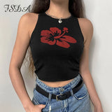 2021 Green Y2K Print Casual Crop Top Women Sleeveless Summer Blue T Shirts Off Shoulder Sexy Tank Tops Vintage