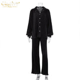 Casual High Wasit Pants Set Women Autumn Long Sleeve Blouses Matching Wide Trousers Suit Green Pleated 2 Piece Pant