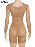 Summer Solid Hollow Out One Pieces Rompers Club For Women 2023 Long Sleeve See Through Slim Playsuits Elastic