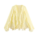 2025 New Women's V-Neck Single Buckle Long-Sleeved Cascade Decorative Shirt 10