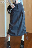 Grunge Cargo Skirt Long Women Acubi Fashion High Waist Drawstring Vintage Y2k Pocket Patchwork A-line Skirt