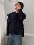 Korean Fashion Straight Shirt For Women Round Neck Puff Sleeve Solid Cut Out Blouses Female Spring Clothing