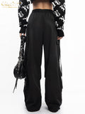 Fashion Loose Black Cargo Pants Women Elegant Elastic Waist Full Length Pants Casual Straight Trousers Female