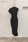 Fashion Women's Knitted Dress Round Collar Asymmetry One Shoulder Half Sleeve Pleated Black Dresses Spring 2023 New