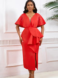 Summer Sexy V-Necked Lotus Leaf Side Open Nail Bead Party Dress Famous Temperament Banquet