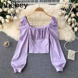 Women Fashion Korean Blouse Long Sleeve Square Collar Solid Slim Office Tops Autumn Casual Streetwear Short