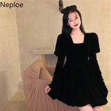 Temperament Woman Dress Vintage Robe Square Collar Puff Sleeve Slim Velvet Vestidos Mujer Korean Elegant Black