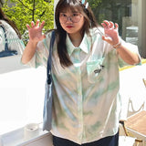 Women Plus Size Shirt Kawaii Print Cute Harajuku Polo Collar Blouses Oversize Korean Casual Pink Tops Unisex