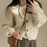 Solid V Neck Puff Sleeve Cable Knit Cardigan-Outfit