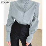 Elegant Turtleneck Blouse Long Sleeve White Shirts Office Tops Women Single-Breasted Puff Sleeve Fashion Woman Blouses