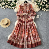 Court Print Flip Lantern Sleeves To Close Waist Single Buckle Dress Women Thin Elegant Long