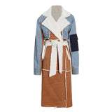Toloer New Long Denim Splicing Lamb Wool Coat Female Lapel Waist Show Thin Temperament Fashion Coat-Outfit