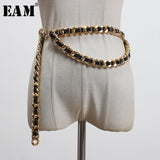 Pu Leather Black Metal Chain Split Joint Long Belt Personality Women New Fashion Tide All-match Spring 2022