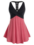 Tank Top Women Sleeveless Colorblock Shirt Summer Casual Ladies Lace Up Crossover Tanks V Neck