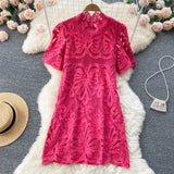 Straight Summer Women Lace Dress 2022 Zipper Sexy Hollow Out Slim Vacation Ladies French Style Midi