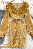 Elegant Women Autumn Winter Velvet Dress Sexy V-neck Long Sleeve High Waist Sequins Mini Bodycon Night Club Party