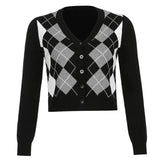 Plaid Knitted Cropped Cardigan Women Long Sleeve Blue Sweater Woman Autumn Casual Knitwear Buttons Streetwear
