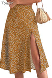Women Summer Green Boho Midi Skirts Elegant Split Thigh Print Long Length High Waist Slit A Line Korean Fashion