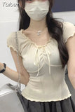 Shirts for Women Summer Fashion Tshirts Tunic Ruffles Korean Tees Chic Folds Bow T Shirt Crop Tops 2023 Ropa Mujer