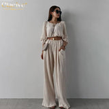 Sexy Beige Crop Shirts Womens Two Peice Sets Casual Loose Pleated Pants Set Female Summer High Waist Wide Trouser