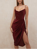party Dress Women Midi Satin Dress Split Adjustable Strap Ruched Cowl Neck Asymmetrical Zipper Party Dress Elegant Sexy Woman