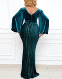Plus Size Green Velvet Sequins V Neck Puff Sleeve Slit Formal Evening