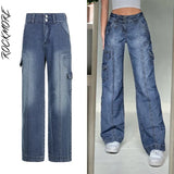 Rockmore Brown Vintage Baggy Jeans Women 90s Streetwear Pockets Wide Leg Cargo Pants Low Waist Straight Denim Trousers