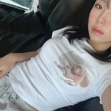 Korean Fashion Irregular Crop Tops Chic Graphic T-shirts Y2k Aesthetics Sexy Slim Tshirt Grunge Print Designer