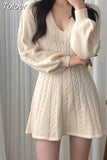 Vintage Woman Dresses V-neck Lantern Sleeve Knit Robe Elegant Vestidos De Mujer Fashion Korean Sweater Y2K Mini