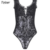 Sexy Lace Bodycon Bodysuit Women Gothic Streetwear Mesh Hollow Out Patchwork Sleeveless Bodysuit Female Black Body