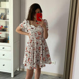party White Print Square Neck Puff Sleeve Pleated Hem Dress Summer Backless A-line Casual Dress Women Short Dress Floral