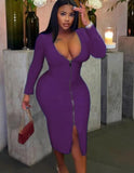 Plus Size V-Neck Zippers Long Bodycon