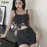 Korean Denim Sexy Club 2 Pieces Outfits Women Strap Backless Short Crop Tops Shirt Blouse Shorts Mujer Slim Sets