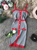 Color Striped Tight Stretchy Knit Tank Dress Single Breasted Buttons Ladies Party Sexy Body-con Step Knit