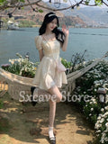 Lace Mini Dress Female Short Sleeve Chic and Elegant Woman Dress Beach Kawaill Clothing One Piece Dress Korean 2022