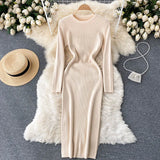 Women Autumn Knitted Dress Long Sleeve O Neck Elastic Slim Pencil Dress Korean Style Sexy Bodycon Sweater