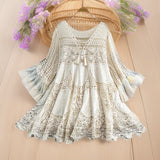 Dali Tourism Holiday Dress Women New Gentle Wind Tied V Tie Horn Sleeve Hollow Knitting