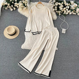 Women Casual Knitted Suits O Neck Long Knit Top+Split Wide Leg Pant Female Fashion OL Sweater Two Pieces