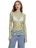 New Women's Lace Top Mesh Multi-Colored Bottom Shirt Sexy Hot Girl Trend
