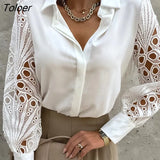 Lace Satin Blouse Women Casual Hollow Long Sleeve Top Fashion Button White Shirt Loose Solid Spring Autumn Tops