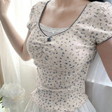 Aesthetic Lace Stitching Square Collar Short Sleeve Tee-Outfit