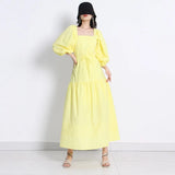 White Backless Dress For Women Square Collar Puff Sleeve High Waist Lace Up Midi Dresses Female Fashion Clothes