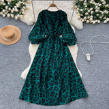 Retro Niche Print Dress Woman 2025 Autumn Strap To The Waist Round Lantern Sleeves Thin