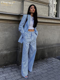Fashion Long Sleeve Blazer 2 Piece Sets Womens Outfits Autumn Loose Office Pants Set Elegant Blue Cotton Trouser