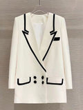 Fashion Women's Jacket Loose Notched Collar Full Sleeve Double Breasted Black Stripe White X-long Blazer 2023 New